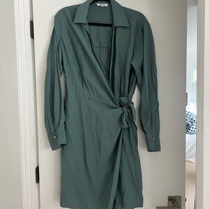 VINCE Wrap Front Long Sleeve Shirtdress in Celadon Green - L